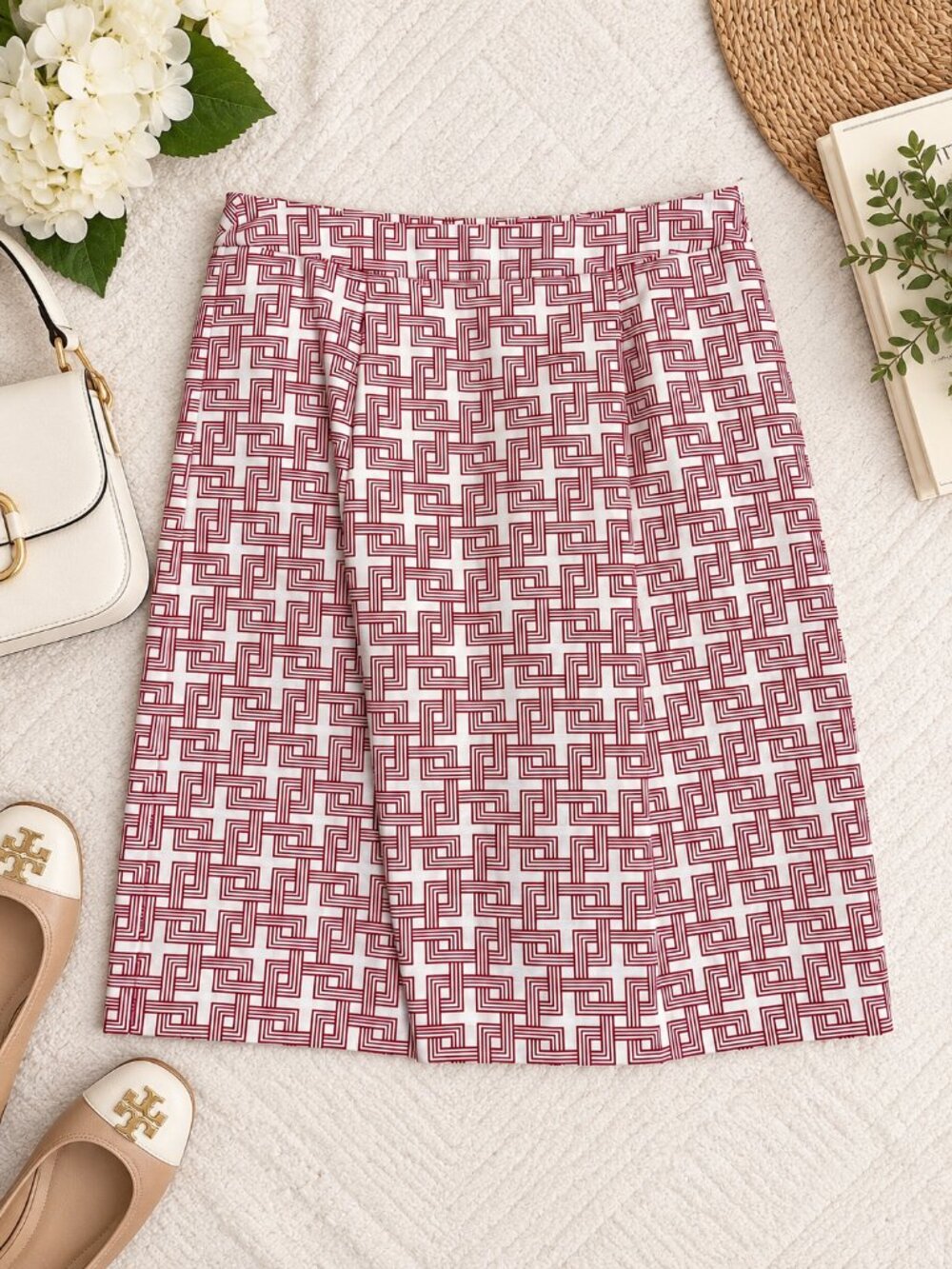 Brooks Brothers Size 0 Red White Geometric Print A-Line Skirt